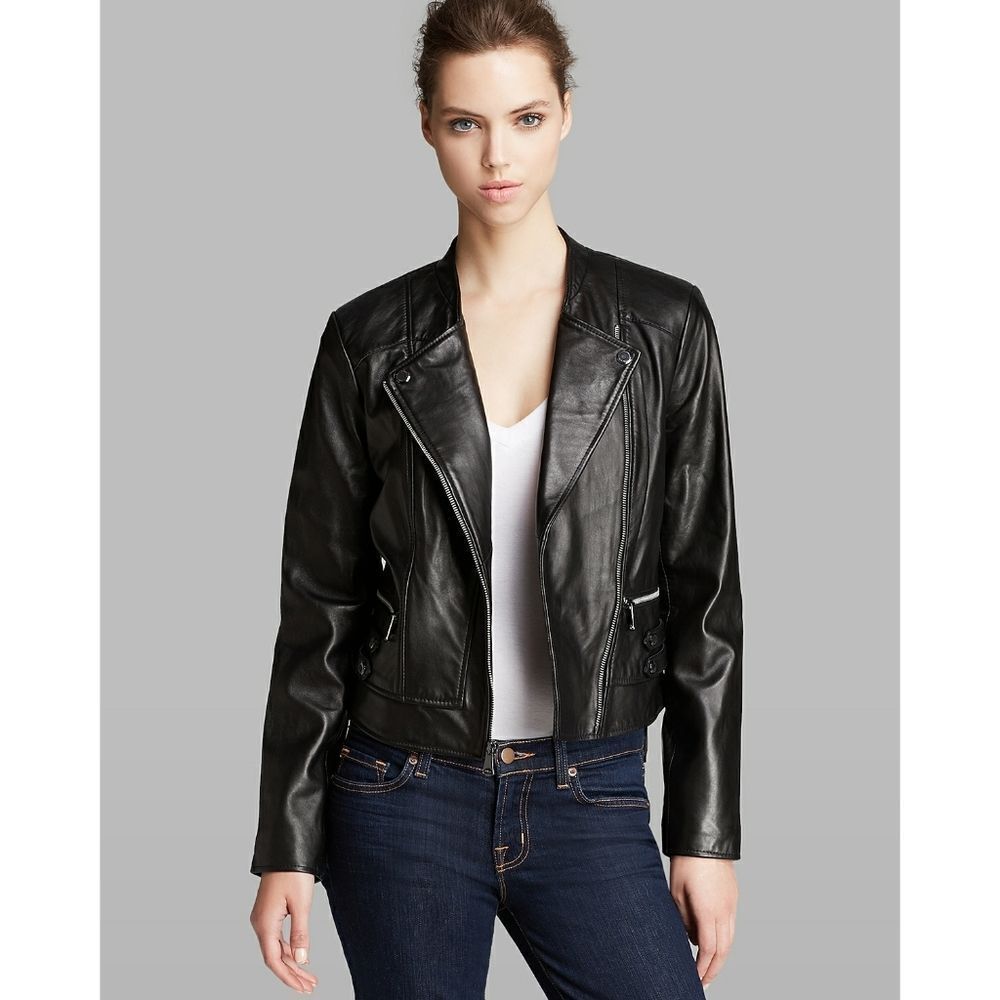 New! ANDREW MARC New York Women's Black Moto Biker Leather Jacket Full Zip Small - Picture 3 of 7